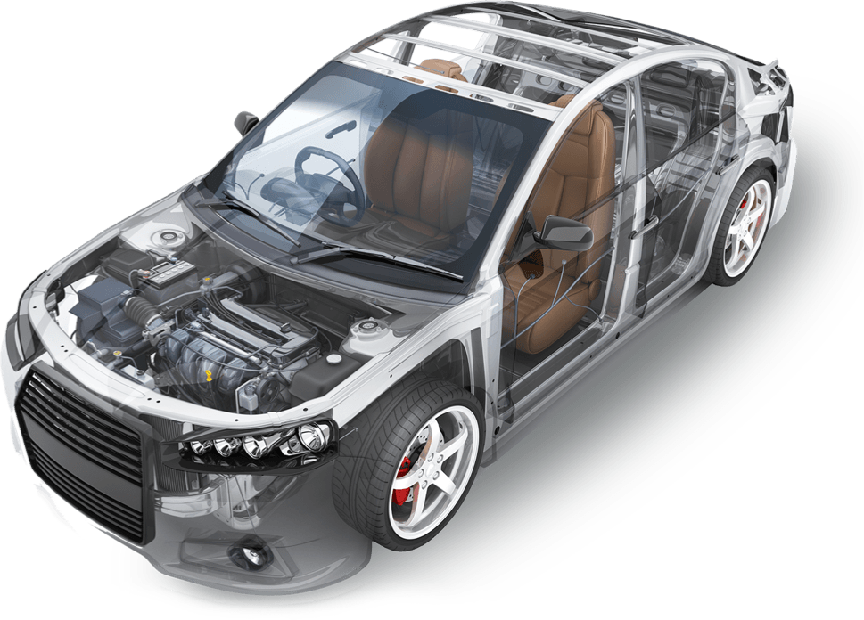 Dibujo de un vehículo semitransparente mostrando su motor e interior
